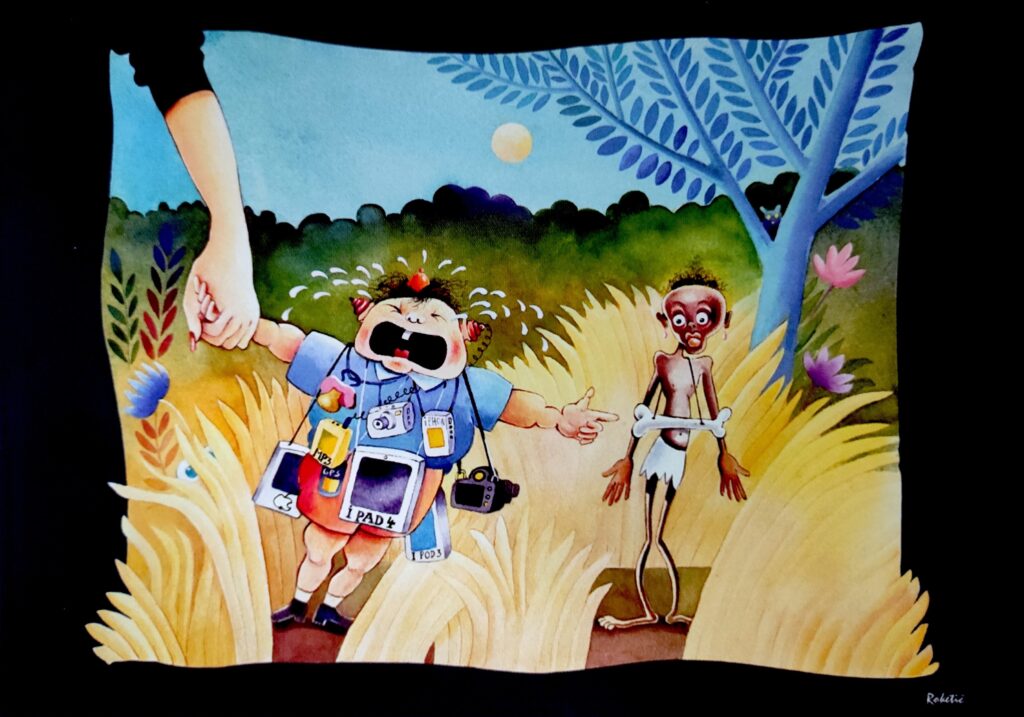 Na imagem umas mulher está segurando um menino que está chorando e de boca aberta, com equipamentos eletrônicos, como celular Ipad e máquina fotográfica. Atrás aparece a figura de um menino com os olhos arregalados.