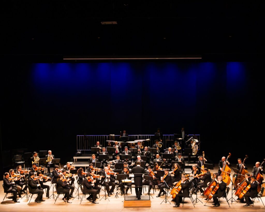 A imagem mostra uma orquestra sinfônica tocando em um palco. Os músicos estão sentados em fileiras, com os instrumentos arranjados de acordo com as seções. O maestro está em pé na frente da orquestra, de costas para o público, com as mãos erguidas, indicando o início da música. O palco é iluminado por luzes azuis e brancas, criando uma atmosfera dramática. A plateia não é visível na imagem.