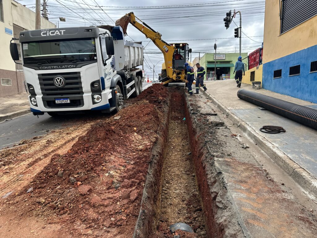 A imagem mostra uma cena de construção ou manutenção de infraestrutura urbana. * Um caminhão branco com a inscrição "Grup0 CICAT CONSTELLATION" está parado em uma rua, com a caçamba levantada. * Ao lado do caminhão, uma retroescavadeira amarela da marca CAT está em operação, com sua pá em ação. * Uma vala profunda foi cavada paralelamente à calçada, com terra avermelhada empilhada em suas bordas. * Três trabalhadores, vestidos com uniformes azuis e capacetes, estão próximos à vala, supervisionando o trabalho. * Uma peça de tubo preto corrugado, de grande diâmetro, está posicionada na calçada, ao lado de uma outra peça enrolada. * Ao fundo, há edifícios com fachadas coloridas (amarelo e azul), postes de luz, fios elétricos aéreos, e um semáforo. * O céu está nublado, indicando um dia de trabalho em condições climáticas diversas. * A cena geral sugere uma operação de instalação ou reparo de algum tipo de tubulação subterrânea na área urbana.