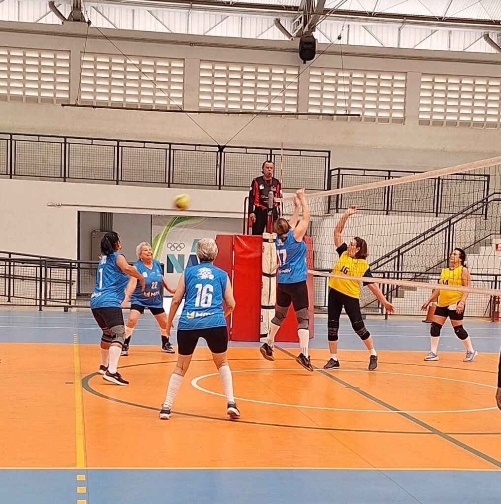 O jogo de voleibol está em pleno andamento em uma quadra interna. Uma jogadora de azul, com o número 17 nas costas, está saltando para atacar a bola, enquanto duas jogadoras de amarelo, com os números 16 e 14, se preparam para defender. Uma jogadora de azul, com o número 16, está posicionada para receber um possível bloqueio ou defesa. No fundo, um árbitro atento observa a partida do alto de seu posto. Há também espectadoras nas arquibancadas, e o ambiente geral sugere uma competição amigável e animada.