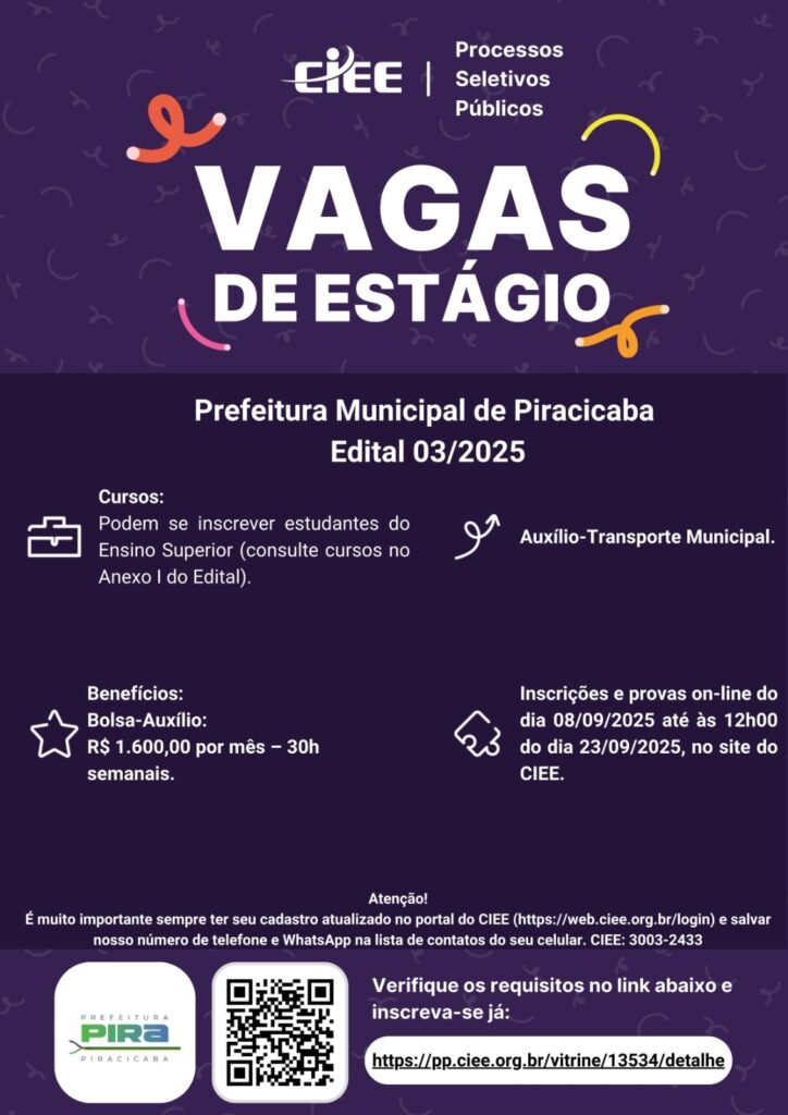 Na imagem aparece um painel na cor azul escuro e detalhes em branco, contendo informações sobre o curso como inscrições, auxilio transporte municipal e informações sobre a inscrição. Abaixo do Painel aparece um QR Code, o brasão da Prefeitura e o link para inscrições.