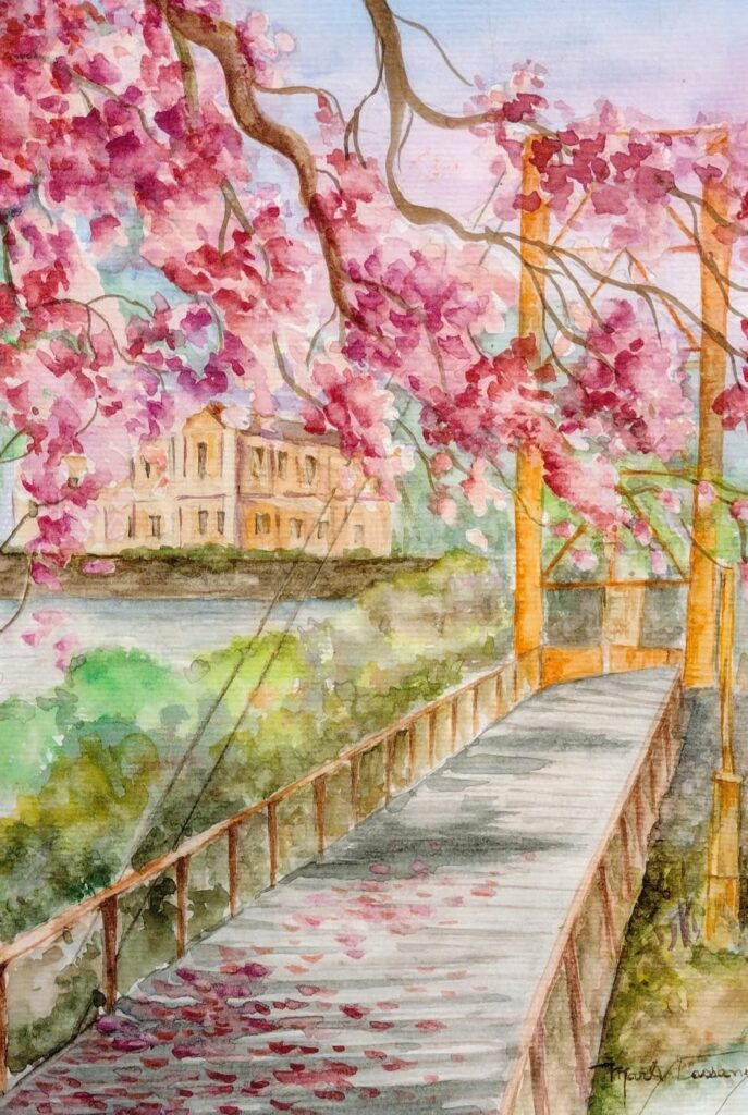 A aquarela retrata uma ponte de madeira com corrimãos de madeira clara, atravessando um rio calmo. A ponte está coberta por pétalas caídas de flores cor-de-rosa vibrantes, que também adornam os galhos em primeiro plano, sugerindo a primavera. Ao fundo, um edifício de cor creme com janelas escuras é visível do outro lado do rio, cercado por folhagens verdes exuberantes. O céu, de um azul claro com leves pinceladas de branco, completa a cena serena e colorida.