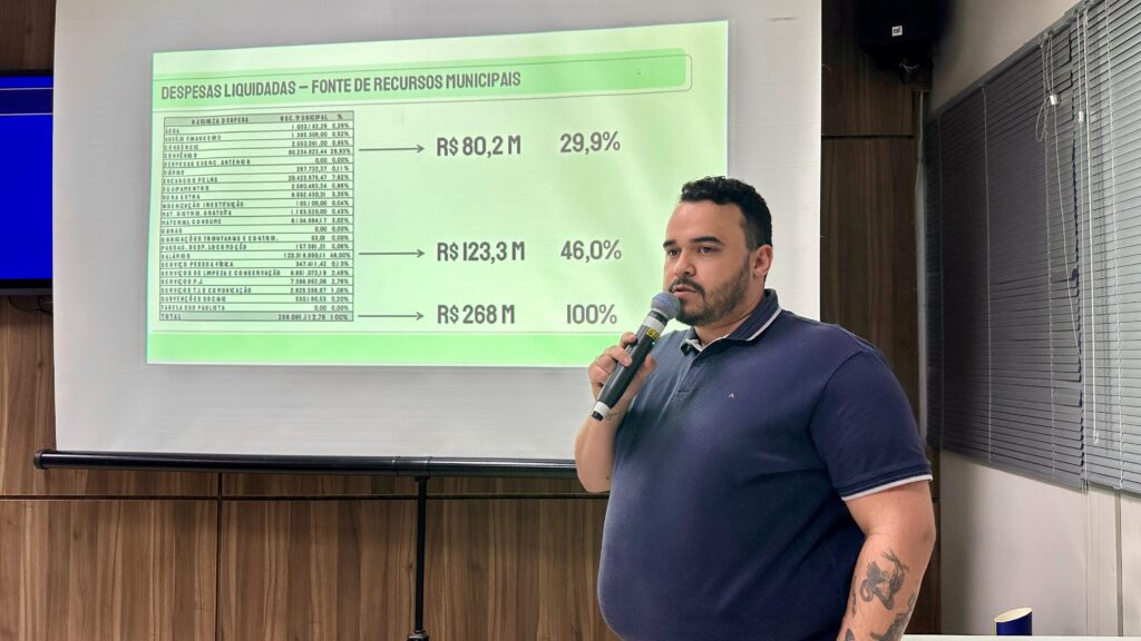 A imagem mostra um homem de camisa polo azul escura falando em um microfone, com um projetor atrás dele exibindo uma apresentação de slides. A apresentação contém uma tabela detalhando as despesas liquidadas por fonte de recursos municipais, com colunas para a natureza da despesa, o valor em Reais (R$) e a porcentagem (%) do total. A tabela lista várias categorias de despesas, como "Água", "Auxílio Financeiro", "Consórcio", "Convênios", "Despesas Exerc. Anterior", "Diárias", "Encargos Folha", "Equipamentos", "Hora Extra", "Indenização/Restituição", "Mat. Distrib. Gratuita", "Material Consumo", "Obras", "Obrigações Tributárias e Contrib.", "Passag. Desp. Locomoção", "Salários", "Serviço Pessoa Física", "Serviços de Limpeza e Conservação", "Serviços PJ", "Serviços/Tele Comunicação", "Subvenções Sociais" e "Tabela SUS Paulista".