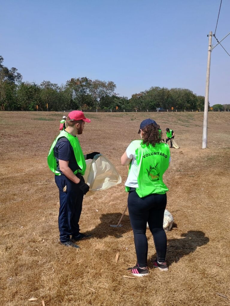A imagem mostra um grupo de voluntários limpando uma área externa, provavelmente um parque ou beira de estrada, em um dia ensolarado. Dois voluntários estão em primeiro plano, de costas para a câmera, ambos vestindo coletes verdes fluorescentes com a palavra "VOLUNTÁRIO" escrita nas costas. O voluntário à esquerda usa um boné vermelho e segura um saco de lixo grande e claro. O voluntário à direita usa um boné azul escuro e parece estar se preparando para juntar lixo com uma pá. Há outros voluntários ao fundo, também com coletes fluorescentes, trabalhando na limpeza. O terreno é coberto por grama seca e há árvores e uma estrada com sinalização ao fundo. Um poste de eletricidade com fios é visível à direita da imagem. A atmosfera geral sugere uma ação comunitária voltada para a preservação ambiental.