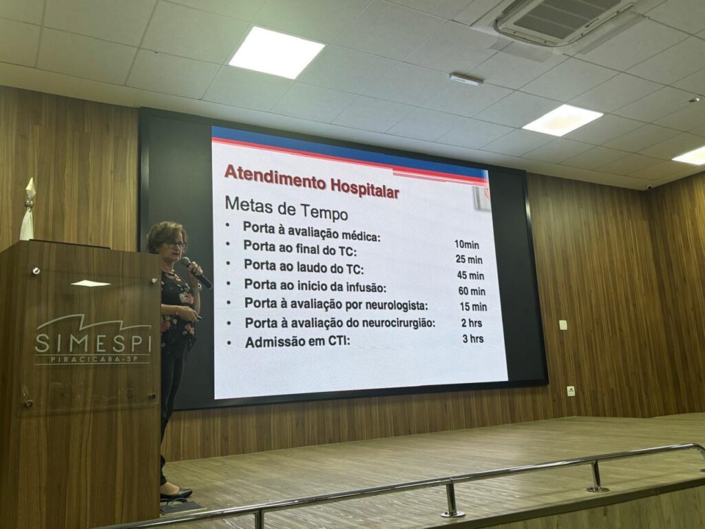 A imagem mostra uma mulher apresentando um slide em uma sala de conferências. O slide exibe informações sobre "Atendimento Hospitalar" e "Metas de Tempo", com uma lista de procedimentos e seus tempos estimados. Abaixo do palco, há um púlpito com o logotipo "SIMESPI PIRACICABA-SP". A mulher está em pé, segurando um microfone e olhando para a audiência. O ambiente parece ser um centro de convenções ou uma sala de treinamento.