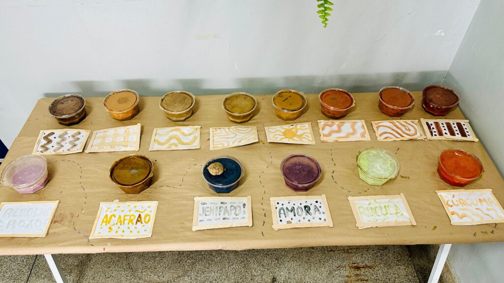 A imagem exibe uma mesa coberta com papel pardo, onde estão dispostos diversos recipientes com substâncias coloridas, possivelmente tintas ou pigmentos naturais. Cada recipiente está posicionado acima de uma pequena placa feita com palitos de picolé, onde o nome da substância está escrito. Na parte superior da mesa, há uma fileira de recipientes com tons terrosos, variando do marrom escuro ao laranja avermelhado. Abaixo deles, há placas com desenhos abstratos em tons de amarelo e marrom. Na parte inferior da mesa, há outra fileira de recipientes com cores mais variadas: um roxo, um azul escuro com um objeto redondo por cima, um verde claro e um laranja vibrante. Abaixo desses, estão as placas com os nomes escritos, como "REPOLHO ROXO", "AÇAFrÃO", "JENIPAPO", "AMORA", "RÚCULA" e "CURCUMA". Algumas placas apresentam desenhos simples, como pontos ou linhas, feitos com os próprios pigmentos.