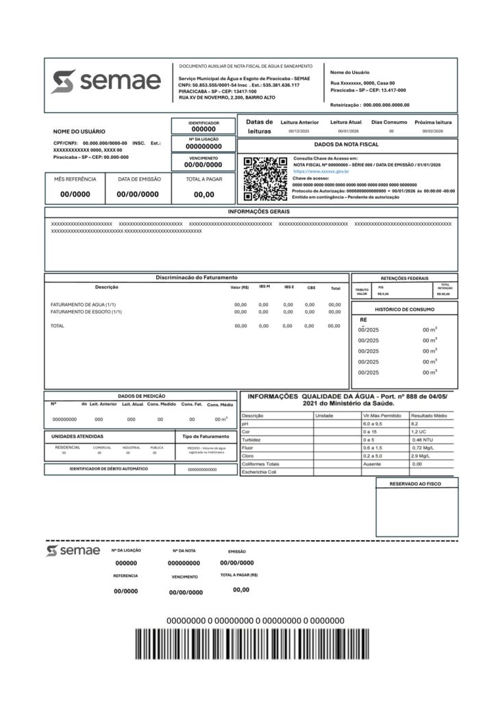 Imagem mostra a parte da frete da nova nota fiscal emitida pelo Semae