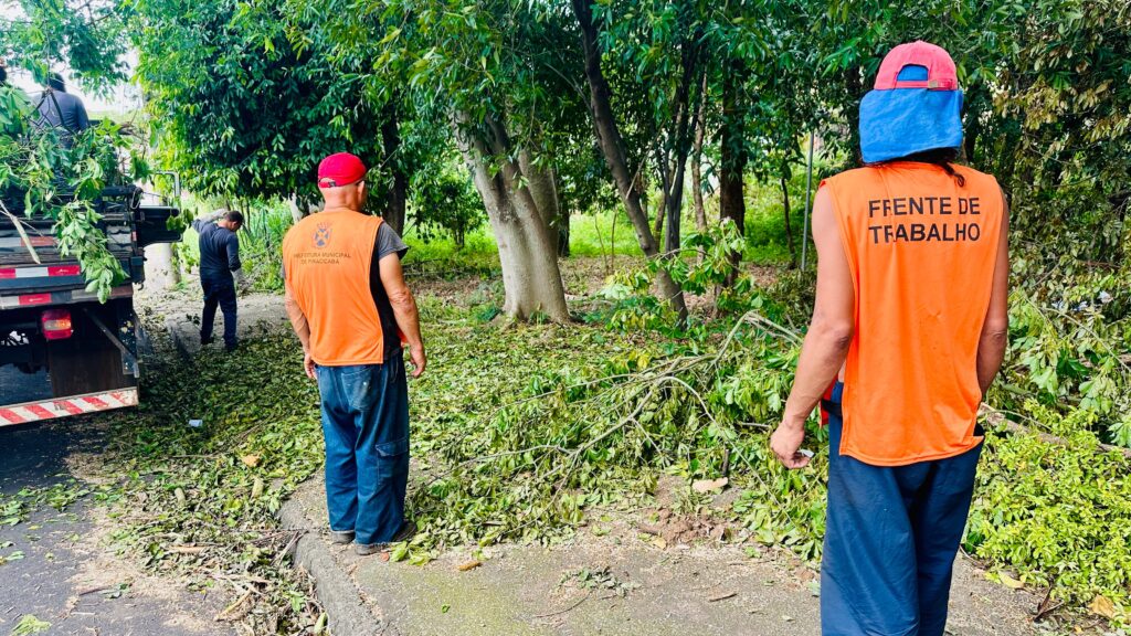 A imagem mostra trabalhadores realizando a limpeza de galhos e folhas caídos em uma área próxima a uma mata ou espaço arborizado, ao lado da rua. Dois deles, em primeiro plano, vestem coletes laranja com a inscrição “Frente de Trabalho” e “Prefeitura Municipal de Piracicaba”, indicando tratar-se de uma ação organizada pelo município. Um caminhão estacionado à esquerda já está carregado com parte dos resíduos, enquanto outro trabalhador recolhe mais materiais. A cena transmite a ideia de manutenção comunitária e cuidado ambiental, evidenciando o esforço coletivo para manter o espaço urbano limpo e seguro.