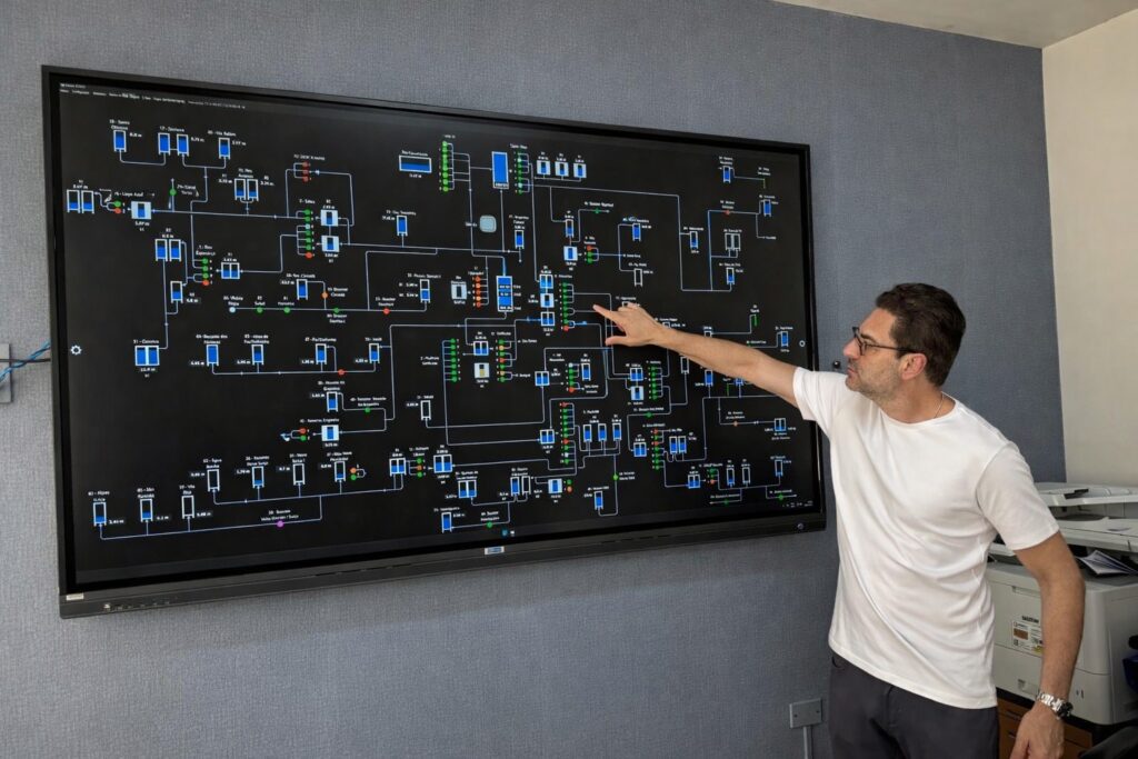 A imagem mostra um homem de camiseta branca e calça escura, usando óculos, em um ambiente interno com uma parede cinza texturizada ao fundo. Ele está em pé, apontando com o dedo indicador direito para uma grande tela digital montada na parede à sua frente. A tela exibe um esquema complexo, com muitos retângulos, linhas e textos em azul e branco sobre um fundo preto, sugerindo um diagrama técnico ou sistema de controle. O homem parece estar explicando ou analisando o conteúdo exibido na tela, que contém muitos detalhes, números e termos técnicos, possivelmente relacionados a processos industriais, sistemas elétricos ou automação. À direita da imagem, atrás do homem, há uma impressora ou copiadora parcialmente visível. A iluminação é clara e uniforme, destacando tanto o homem quanto a tela. No geral, a cena transmite uma situação profissional, em que o homem está apresentando ou estudando um sistema complexo por meio do diagrama digital.