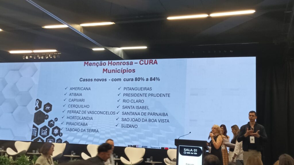 A imagem mostra uma tela de apresentação com o título "Menção Honrosa – CURA Municípios". Abaixo do título, há um subtítulo que diz "Casos novos - com cura 80% a 84%". A tela lista vários municípios com um ✓ ao lado de cada nome, indicando que todos foram mencionados ou premiados. Os municípios listados são: Americana, Atibaia, Capivari, Cerquilho, Ferraz de Vasconcelos, Hortolândia, Piracicaba, Taboão da Serra, Pitangueiras, Presidente Prudente, Rio Claro, Santa Isabel, Santana de Parnaíba, São João da Boa Vista e Suzano. À esquerda da lista de municípios, há um conjunto de ícones em tons de cinza, incluindo um laço de conscientização, um animal (possivelmente um leão ou felino), um gráfico de barras, um hexágono com um símbolo dentro, e outros. Ao lado inferior direito da tela, há um logotipo que parece ser do "VIME CC Secretaria da São Paulo".