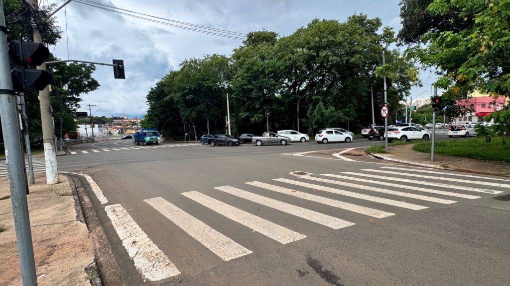 A imagem mostra um cruzamento urbano amplo, com várias faixas de pedestres bem demarcadas e semafóricos. O clima está nublado, com luz natural difusa. Há vários carros transitando ou parados no cruzamento, incluindo sedãs, SUVs e um caminhão pequeno. À esquerda, há uma placa de trânsito indicando "Proibido virar à esquerda". Ao fundo, vê-se uma área com muitas árvores verdes, sugerindo um parque ou uma área arborizada próxima à via. A cena transmite a sensação de um dia comum em uma cidade, com trânsito moderado e ambiente urbano misturado com natureza.