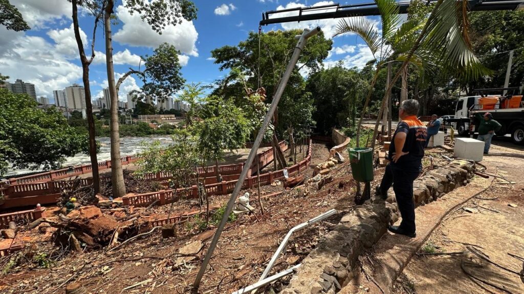 A imagem retrata uma cena de trabalho e recuperação em uma área arborizada próxima a um rio, com edifícios altos ao fundo. Um guindaste está posicionado, com seu braço estendido sobre a área, sugerindo a remoção ou instalação de algum objeto. Várias pessoas estão presentes, algumas vestindo uniformes de proteção, indicando que estão envolvidas em uma operação de manutenção ou reparo. O terreno ao redor parece ter sofrido alguma perturbação, com troncos de árvores caídos, galhos e terra espalhados. Há uma mureta de contenção de tijolos vermelhos que circunda parte da área, e alguns bancos de concreto estão posicionados perto de uma estrada de terra. A vegetação é exuberante, com árvores altas e palmeiras, contrastando com os sinais de trabalho e desordem. O céu está azul com nuvens brancas, indicando um dia claro.