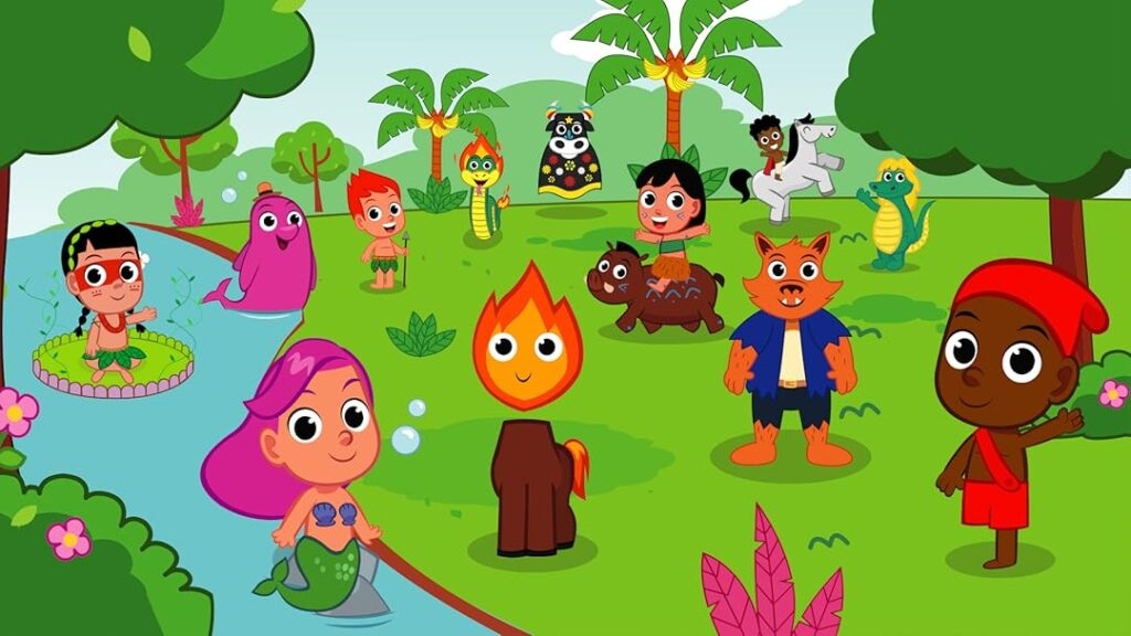 A imagem retrata uma cena vibrante e colorida com diversos personagens animados em um ambiente natural. No primeiro plano, à esquerda, uma criança indígena com pintura facial vermelha e cocar verde está sentada em uma plataforma circular com plantas. Ao lado dela, um golfinho rosa com um chapéu roxo nada em um rio azul. Mais adiante, uma sereia com longos cabelos roxos e cauda verde emerge da água. No centro da imagem, um pequeno ser feito de fogo com um corpo marrom semelhante a um cavalo está em destaque. Ao redor, outros personagens incluem uma criança ruiva com uma lança, um pequeno dragão verde com olhos amarelos, uma criança com um turbante preto e um padrão colorido no peito, e uma criança com pele escura montada em um cavalo branco. Há também um ser com aparência de lobo laranja usando uma camisa azul e calças escuras, e uma criança com pele escura vestindo um gorro vermelho e roupas vermelhas, acenando para o espectador. O fundo é composto por árvores verdes exuberantes, palmeiras e um céu azul claro com nuvens brancas. A cena geral transmite uma atmosfera lúdica e fantástica, possivelmente representando personagens de contos populares ou de uma animação infantil.