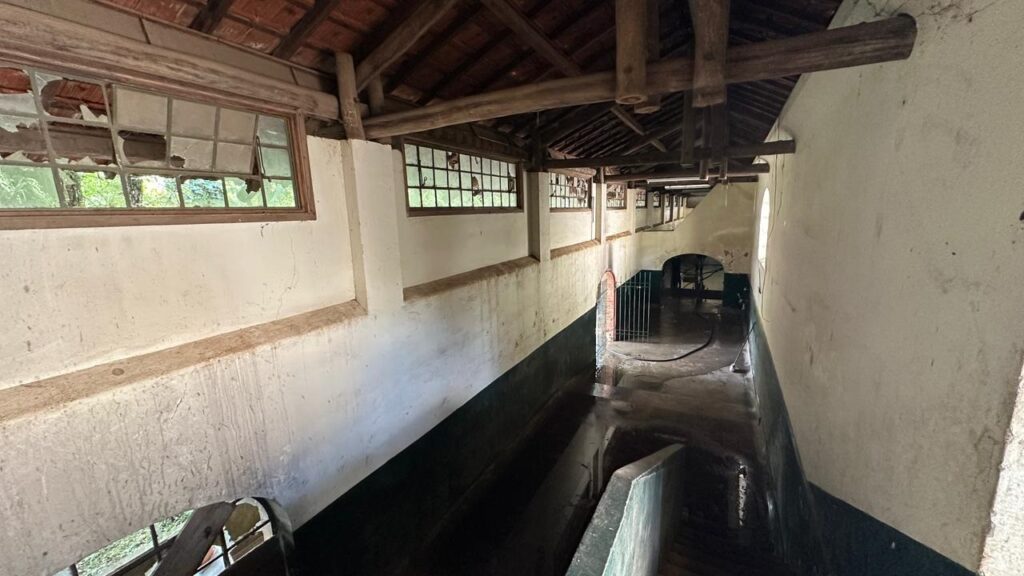 A imagem mostra o interior de um corredor longo e estreito dentro de um edifício antigo e abandonado. O teto é alto e inclinado, sustentado por vigas de madeira aparentes, algumas delas desgastadas pelo tempo. As paredes são claras, com pintura descascando e sinais de umidade. Há várias janelas retangulares ao longo do corredor, muitas com vidros quebrados ou ausentes, permitindo a entrada de luz natural que ilumina parcialmente o espaço, criando um contraste entre áreas claras e sombras profundas. O piso parece estar molhado ou alagado em algumas partes, refletindo a luz das janelas. No fundo do corredor, há uma grade metálica, sugerindo uma área restrita ou protegida. A atmosfera geral transmite abandono e decadência, com uma sensação de silêncio e solidão. O estilo do edifício lembra uma antiga instalação industrial ou agrícola, que não é mais utilizada.