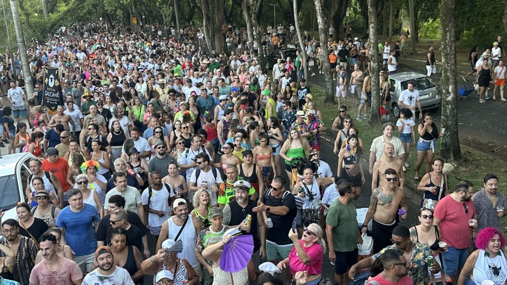 A imagem mostra uma grande festa de rua, típica dos blocos de Carnaval no Brasil. Uma multidão densa e animada ocupa toda a largura da rua, que está ladeada por árvores verdes, sugerindo um ambiente ao ar livre e ensolarado. As pessoas estão vestidas com roupas leves, coloridas e muitas usam acessórios festivos como chapéus, perucas, óculos escuros e fantasias variadas. No centro da imagem, destaca-se uma faixa preta com letras douradas que diz "BLOCO DA SALOMÉ", indicando o nome do grupo ou do evento. A atmosfera é de muita alegria, com pessoas sorrindo, cantando e celebrando juntas. A foto foi tirada de um ponto elevado, mostrando a extensão da multidão que se estende pela rua, reforçando o clima festivo e coletivo do Carnaval brasileiro.