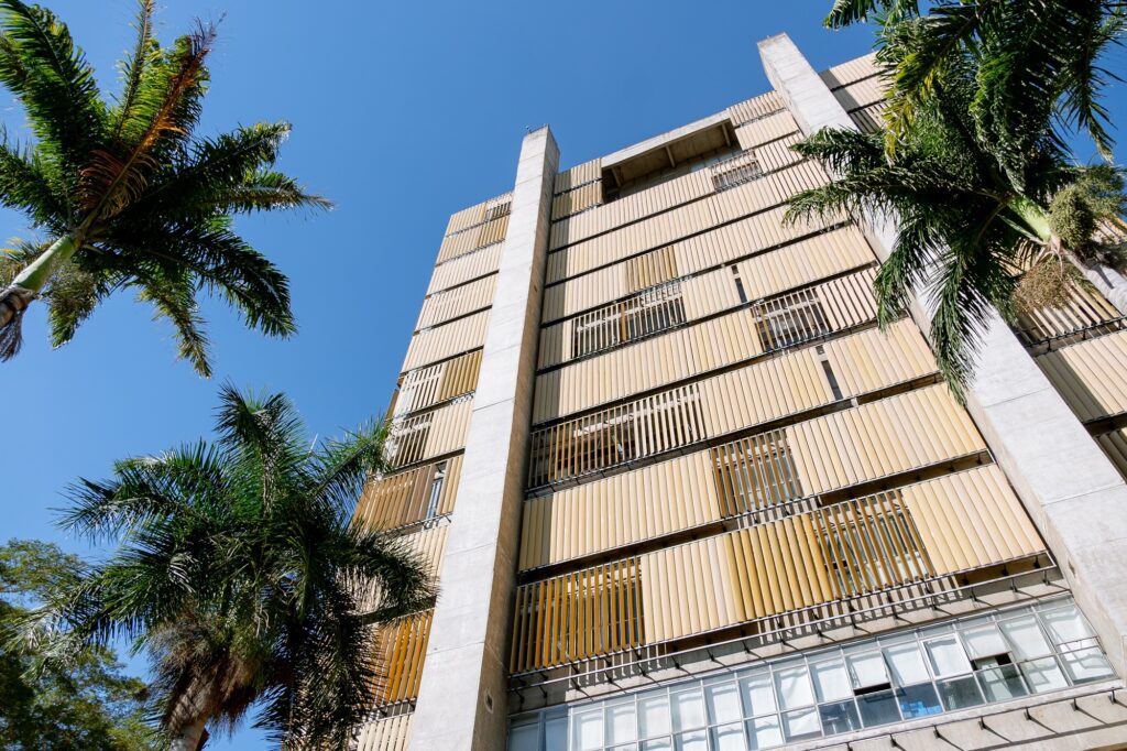 A imagem mostra um prédio alto e moderno visto de baixo para cima, com um céu azul claro ao fundo. O edifício é revestido por uma fachada com elementos verticais que parecem ser persianas ou brises, em tom bege ou areia, e possui colunas grossas de concreto que sustentam a estrutura. Em primeiro plano, há duas palmeiras altas à esquerda e outra parcialmente visível à direita, cujas folhas verdes contrastam com o tom claro do prédio e o céu. A luz do sol é forte, criando sombras marcantes que ressaltam a textura da fachada. A perspectiva usada valoriza a imponência do prédio, transmitindo uma sensação de grandiosidade e modernidade, típica da arquitetura de meados do século, possivelmente em uma região tropical.