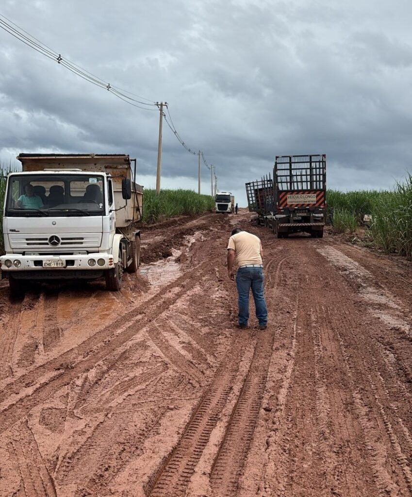 A imagem mostra uma estrada de terra bastante lamacenta, provavelmente após uma chuva, em uma área rural com plantações de cana-de-açúcar ao redor. À esquerda, há um caminhão branco da marca Mercedes-Benz, parado na estrada, com a placa EHE-1919. À direita, um caminhão maior, carregado com cana e com uma carroceria alta, está parado logo à frente, bloqueando parcialmente a passagem. Na traseira desse caminhão maior, há uma placa amarela com os dizeres "VEÍCULO LONGO" e "COMPRIMENTO 30,00 METROS", indicando que se trata de um veículo de grande porte. No primeiro plano, um homem de costas, vestindo camiseta bege e calça jeans, observa a situação do caminho lamacento, que parece difícil de transitar. O céu está nublado, reforçando o clima úmido e a condição ruim da estrada. A cena transmite a ideia de um desafio logístico em uma região agrícola, possivelmente relacionada ao transporte da safra de cana-de-açúcar.
