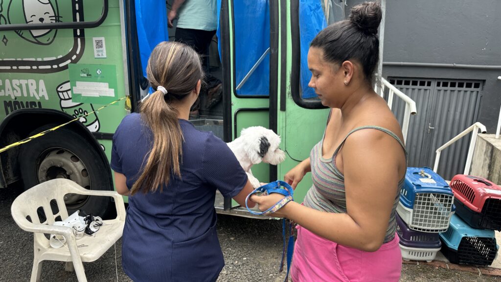 Duas pessoas estão em frente a uma unidade veterinária móvel verde, identificada como "CASTRA MÓVEL": uma entrega um pequeno cachorro branco com orelhas pretas para a outra, que segura uma guia azul. No chão, há várias caixas de transporte de animais empilhadas, indicando que mais pets estão aguardando atendimento. Também aparece uma cadeira plástica branca com alguns objetos apoiados.