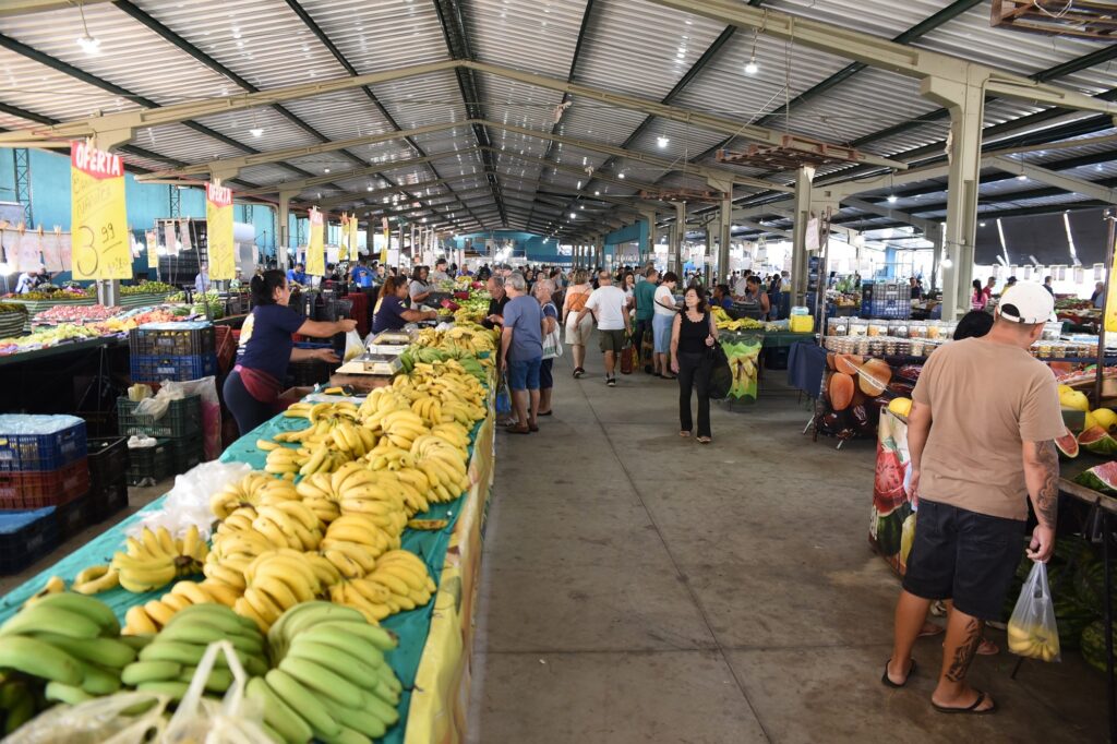 Esta imagem mostra um mercado coberto e movimentado, provavelmente um varejão, onde várias pessoas estão comprando frutas e legumes. À esquerda, há uma grande mesa repleta de bananas nanicas, organizadas em grandes quantidades e em diferentes estágios de maturação, desde verdes até amarelas. Acima das bananas, há uma placa amarela com letras pretas que anuncia a oferta: "BANANA NANICA 3,99". Ao centro e à direita, várias pessoas caminham pelo corredor principal do mercado, algumas carregando sacolas plásticas. A estrutura do mercado é feita de metal verde com um teto de metal ondulado, e a iluminação é natural, entrando pelas laterais abertas, além de luzes artificiais penduradas no teto. No fundo, podem ser vistos outros tipos de frutas e legumes, como melancias, e mais placas de preços. O ambiente transmite a sensação de um dia típico de compras, com bastante movimento e diversidade de produtos frescos.
