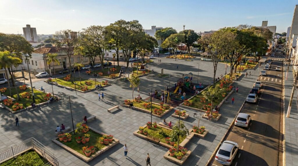 A imagem mostra uma praça urbana vista de cima, em um dia ensolarado. A praça é pavimentada e dividida em áreas geométricas por canteiros de pedra com grama verde e flores coloridas em tons de vermelho e amarelo. Árvores grandes e frondosas proporcionam sombra, com sombras longas que indicam que o sol está baixo, provavelmente no fim da tarde. No centro-direito da praça, há um playground colorido com escorregadores e estruturas para escalada, onde algumas pessoas estão reunidas. Várias pessoas caminham, sentam-se em bancos de pedra ou cuidam de crianças espalhadas pelo espaço. À direita, uma rua pavimentada corre paralela à praça, com carros estacionados e alguns em movimento. Ao fundo, há prédios baixos e médios sob um céu azul claro e sem nuvens. A iluminação quente destaca as texturas das pedras e da vegetação, criando uma atmosfera tranquila e acolhedora, típica de um centro comunitário em uma cidade sul-americana.