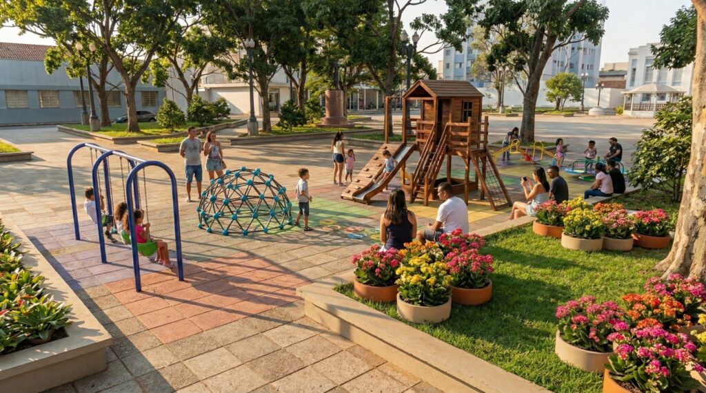 A imagem mostra um playground público vibrante em uma praça urbana, visto de uma perspectiva elevada e ampla. O ambiente está cheio de famílias e crianças brincando. À esquerda, há balanços de metal azul com crianças se divertindo, enquanto no centro há uma estrutura de escalada em forma de cúpula geodésica também azul. À direita, destaca-se uma grande casa de madeira para brincar, equipada com escorregador e outras estruturas para escalar. Vários adultos estão sentados em um muro baixo próximo a grandes vasos de concreto cheios de flores coloridas, principalmente rosas e amarelas. Crianças estão espalhadas pelo local, algumas no escorregador, outras próximas a um carrossel ao fundo, e algumas correndo sobre o piso de borracha colorida. A praça é pavimentada com pedras e sombreada por grandes árvores de folhas largas. Ao fundo, é possível ver edifícios modernos de vários andares e um pequeno gazebo branco. A luz do sol é quente e dourada, projetando sombras longas, indicando que é fim de tarde. A atmosfera geral é tranquila e voltada para a convivência comunitária.