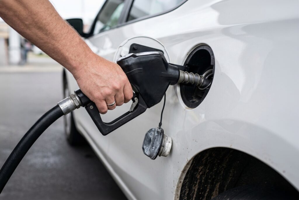 A imagem mostra uma mão segurando um bico de bomba de combustível preta, que está sendo inserido no tanque de combustível de um carro branco. O bico tem o nome "OPW" gravado na parte preta de plástico. A tampa do tanque está aberta e pendurada em uma pequena corrente ou cabo. O fundo é desfocado, destacando o foco no ato de abastecer o veículo. A mão que segura o bico usa uma aliança prateada no dedo anelar, sugerindo ser de uma pessoa adulta. A cena ocorre em um posto de combustível, com o chão de asfalto visível. A luz é natural, indicando que a foto foi tirada durante o dia.