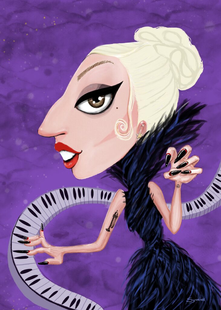 A imagem é uma caricatura digital de uma mulher que lembra a cantora Lady Gaga. Ela tem uma cabeça grande em proporção ao corpo, com cabelos loiros platinados presos num coque alto, e uma mecha enrolada perto da orelha. Seu rosto tem traços marcantes, com um nariz grande, um olho castanho bem destacado com um delineado preto dramático, uma pinta na bochecha e lábios vermelhos vibrantes mostrando os dentes. Ela usa um brinco em forma de estrela. O corpo é esguio e está vestido com uma roupa azul escura que parece feita de penas. Os braços são longos e finos: o braço direito tem uma tatuagem de trompete e a mão, com unhas longas e pontiagudas em preto e vermelho, está tocando um teclado de piano que se enrola ao redor do corpo. O braço esquerdo está levantado fazendo sinal de paz e tem uma tatuagem de símbolo da paz no pulso. O fundo é de cor roxa com textura, e há uma assinatura “Synnöve” no canto inferior direito. O estilo da arte é caricatural, com traços exagerados e um toque artístico e moderno.