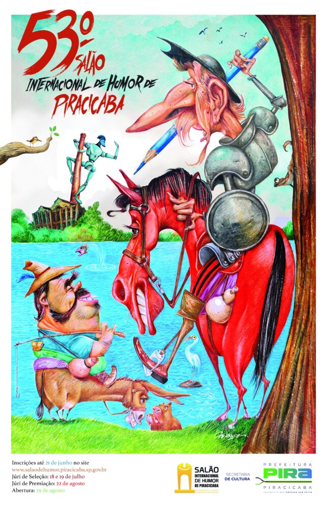 Esta imagem é um cartaz colorido e ilustrativo para o "53º Salão Internacional de Humor de Piracicaba". No centro, há uma caricatura que lembra os personagens Dom Quixote e Sancho Pança, mas adaptados a um contexto brasileiro. Dom Quixote é representado como um homem alto e magro, com uma longa barba rosa, vestindo uma armadura metálica e segurando um lápis azul grande, como se fosse uma lança, montado em um cavalo vermelho vibrante. Ao lado, Sancho Pança é um homem baixo e rechonchudo, com bigode e chapéu de palha, montado em um pequeno burro, segurando uma vara de pescar. O cenário ao redor inclui elementos naturais, como um peixe saltando no rio, uma garça branca e um capivara na margem. Ao fundo, vê-se uma paisagem verde com uma construção industrial e uma figura robótica subindo em um poste, adicionando um toque moderno e surreal à cena. No topo do cartaz, está o título do evento em letras vermelhas e pretas: "53º Salão Internacional de Humor de Piracicaba". Na parte inferior, há informações importantes sobre o evento, como datas de inscrição, júri de seleção e premiação, além de logos da Secretaria de Cultura e da Prefeitura de Piracicaba. O estilo artístico é detalhado, com traços exagerados e cores vibrantes, transmitindo um tom humorístico e criativo.