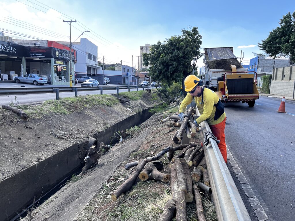 A imagem mostra um trabalhador realizando serviços de manutenção urbana ao lado de uma estrada. Ele veste capacete amarelo, camisa amarela, calças laranja e luvas de proteção, enquanto organiza galhos e troncos cortados junto ao guardrail. Atrás dele, há um caminhão equipado com triturador de madeira, indicando que os resíduos estão sendo preparados para processamento. O cenário inclui um canal de drenagem ao lado da via pavimentada, com prédios comerciais ao fundo. Também são visíveis carros estacionados e um cone de sinalização.
