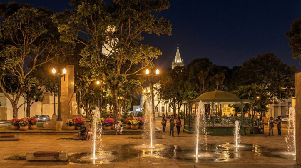 A imagem mostra uma praça pública à noite, iluminada por luzes amarelas que criam um ambiente acolhedor. No chão da praça, há várias fontes de água que jorram em jatos verticais, formando um elemento central e visualmente atraente. À direita, destaca-se um coreto verde com cobertura em formato de cúpula, típico das praças brasileiras, onde algumas pessoas estão reunidas. Ao fundo, é possível ver o campanário de uma igreja, que se eleva acima das árvores ao redor, reforçando o caráter tradicional do local. Ao redor da praça, há bancos onde pessoas estão sentadas, apreciando o ambiente, e vasos de flores coloridas que adicionam vida e cor ao cenário. O céu está limpo e escuro, provavelmente com algumas estrelas visíveis, completando a atmosfera tranquila e convidativa da praça.