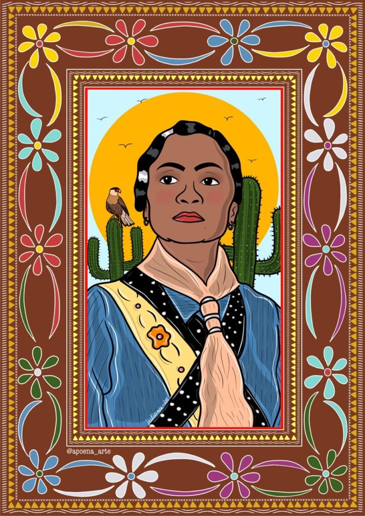 A imagem é uma ilustração digital que retrata uma mulher de pele morena, provavelmente de origem latino-americana ou brasileira, com um estilo visual que lembra a arte popular ou o cordel. Ela aparece do busto para cima, com uma expressão séria e olhar voltado levemente para cima e para o lado direito. Seus cabelos são escuros, ondulados, e ela tem olhos escuros e lábios vermelhos. A mulher veste uma camisa azul com linhas brancas verticais, uma faixa preta com bolinhas brancas e uma faixa amarela com bordados florais. No pescoço, ela usa um lenço cor de pêssego amarrado. Ao fundo, há um grande sol amarelo brilhante contra um céu azul claro, onde voam pequenos pássaros pretos. De cada lado dela, há cactos verdes altos; no cacto à esquerda, está pousado um pequeno pássaro de rapina marrom. A ilustração é cercada por bordas decorativas: uma borda externa marrom escura com flores coloridas estilizadas em tons de amarelo, vermelho, azul e branco, e uma borda interna com padrões geométricos em amarelo e vermelho. O estilo é gráfico, com linhas fortes e cores vibrantes, remetendo a uma estética folclórica e tradicional. No canto inferior direito, está a assinatura da artista: "juliana'26 @apoena_arte".