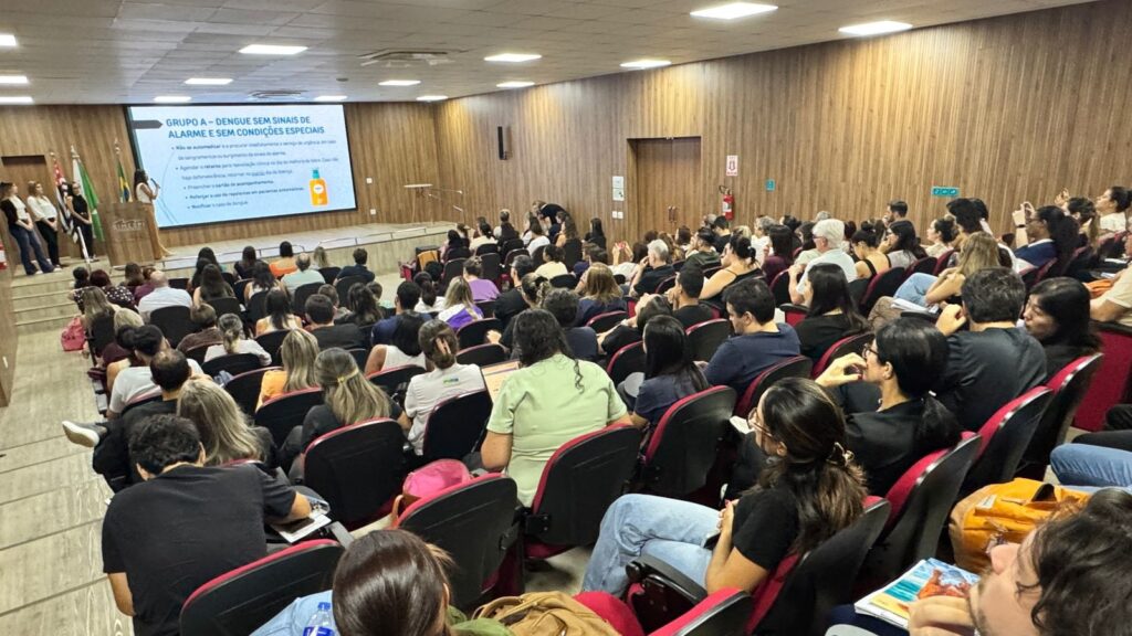 A imagem mostra uma grande plateia em um auditório, assistindo a uma apresentação sobre Dengue. A maioria das pessoas está sentada de costas para a câmera, olhando para um palco onde uma mulher está falando ao lado de um telão. No telão, há um slide com o título "GRUPO A - DENGUE SEM SINAIS DE ALARME E SEM CONDIÇÕES ESPECIAIS", que apresenta orientações médicas sobre o manejo da doença, como não se automedicar, procurar atendimento em caso de sangramentos, agendar retorno para reavaliação, usar repelentes e notificar o caso. O auditório tem cadeiras vermelhas e pretas, paredes de madeira e iluminação clara. Ao lado do palco, há várias bandeiras, incluindo a do Brasil. O público parece atento, com algumas pessoas anotando ou fotografando a apresentação.