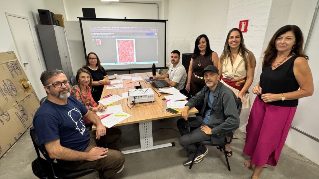 A imagem mostra um ambiente de reunião ou treinamento, com oito pessoas presentes. Cinco delas estão sentadas ao redor de uma mesa retangular de madeira clara, enquanto três mulheres estão em pé ao lado direito da mesa. Sobre a mesa, há um projetor branco, vários papéis, canetas, um laptop e uma garrafa de água. Ao fundo, uma tela exibe uma apresentação projetada, que contém um documento digital com um padrão vermelho. O ambiente é iluminado por luzes brancas, provavelmente fluorescentes, e as paredes são brancas e levemente texturizadas. No canto direito da imagem, há uma placa de sinalização de extintor de incêndio. À esquerda, há um armário cinza alto e algumas caixas de papelão empilhadas, com a marca "SAO MIGUEL TRANSPORTES" visível. As pessoas na imagem estão vestidas de forma casual e semi-casual, algumas com camisetas, outras com blusas e uma com camisa social. A expressão da maioria é neutra ou sorridente, e todas parecem atentas e envolvidas na atividade que está ocorrendo. O ambiente transmite uma atmosfera de trabalho colaborativo e aprendizado.
