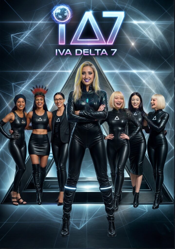 Esta imagem é um pôster promocional de um grupo chamado "IVA DELTA 7". Nele aparecem sete mulheres posicionadas em um cenário futurista, com luzes de néon azuis e brancas formando padrões geométricos, principalmente triângulos, ao fundo. No centro está uma mulher loira, com batom roxo escuro e expressão confiante, vestindo um macacão preto de material brilhante, com os braços cruzados. As outras seis mulheres, de diferentes etnias, estão dispostas atrás dela, todas usando roupas pretas que variam entre macacões, saias e blazers, muitas com um pequeno triângulo branco no peito. Uma delas usa uma touca turbanada e outra uma espécie de cocar indígena feito de penas. O ambiente e o estilo das roupas remetem a um tema futurista ou de super-heroínas. No topo da imagem, há um logotipo estilizado com os caracteres "IΔ7" e abaixo o nome "IVA DELTA 7". A iluminação é fria e destaca o brilho dos tecidos e os detalhes neon, dando um ar tecnológico e moderno ao conjunto.