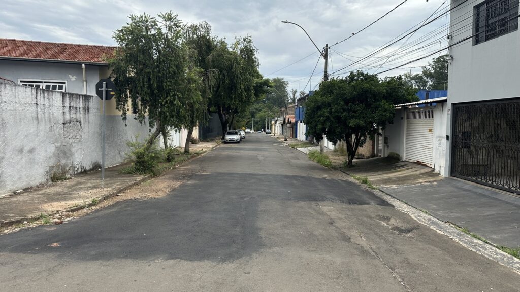 A imagem mostra uma rua residencial tranquila, pavimentada com asfalto que apresenta algumas manchas mais escuras, indicando reparos recentes. De um lado da rua, há um muro branco alto com sinais de desgaste e algumas árvores com folhagem verde que se destacam contra o céu nublado. Do outro lado, há casas com muros baixos e portões, incluindo um portão de ferro preto ornamentado e uma garagem branca. A iluminação é suave, típica de um dia nublado, o que confere um tom cinza e apagado à cena. No fundo da rua, é possível ver um carro prata estacionado e alguns postes com fios elétricos visíveis, que cruzam o céu. Não há pessoas visíveis na imagem, transmitindo uma sensação de calmaria e quietude no bairro.
