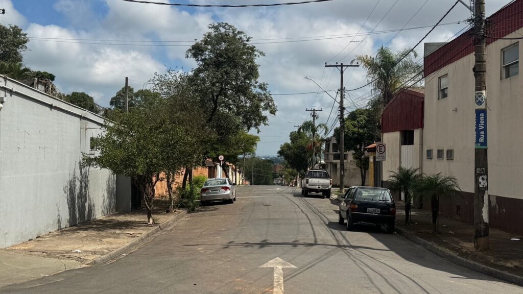 A imagem mostra uma rua residencial tranquila em um dia claro, com céu parcialmente nublado. No centro da foto, há uma rua asfaltada com uma seta branca pintada apontando para frente. À esquerda, há um muro alto e cinza, com árvores verdes ao longo da calçada. À direita, aparecem prédios residenciais de vários andares, com fachadas em tons claros, e postes de energia com muitos fios cruzando a rua. Três carros estão estacionados: um sedan prata na esquerda, um hatch preto na direita, e uma caminhonete branca mais adiante. Um poste tem uma placa azul indicando o nome da rua: "Rua Viena". A cena transmite um ambiente calmo e típico de um bairro urbano residencial.