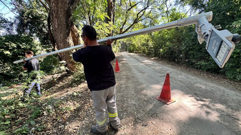 A imagem mostra duas pessoas carregando um poste metálico longo, que tem uma luminária presa em uma das extremidades. Eles estão caminhando por uma estrada de terra cercada por árvores e vegetação densa, sugerindo um ambiente rural ou semi-rural. Um dos homens veste uma camiseta preta e calça cinza com faixas refletivas amarelas na parte inferior, enquanto o outro usa camiseta preta e calça jeans azul. No chão, há dois cones de sinalização laranja, indicando que a área pode estar em obras ou que há algum tipo de alerta. A luminária no poste tem LEDs visíveis e a marca "ALPER" escrita em sua carcaça. A luz do dia ilumina a cena, criando sombras das árvores e destacando a textura da estrada de terra. A imagem transmite um momento de trabalho em equipe e esforço físico para transportar o poste.