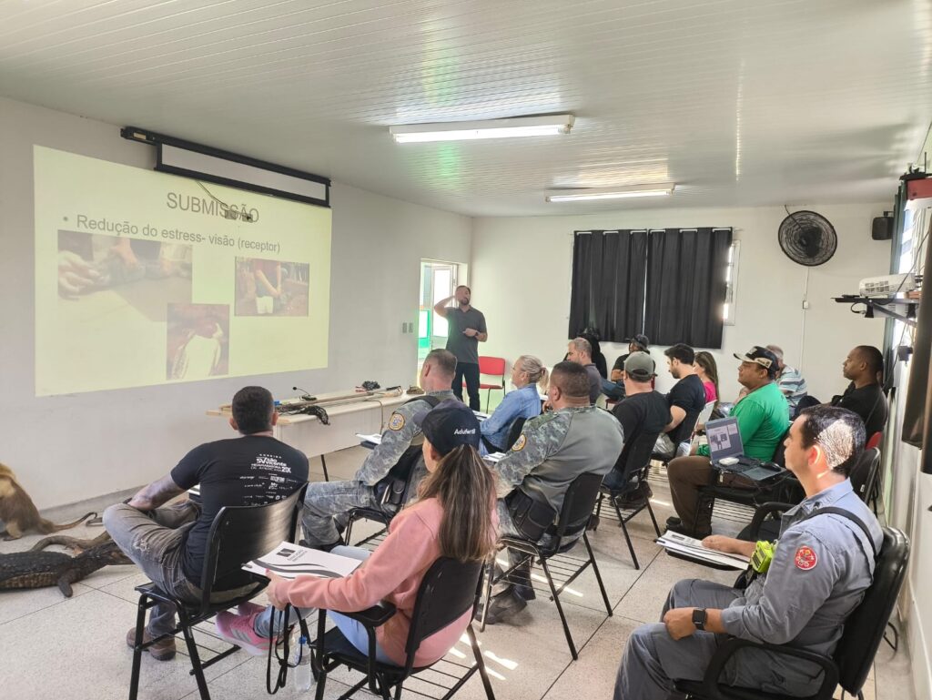 A imagem mostra uma sala de treinamento ou aula, onde um homem está apresentando um conteúdo para um grupo de pessoas sentadas, que parecem ser alunos ou participantes de um curso. O apresentador está em pé, ao lado de uma tela de projeção onde aparece a palavra "SUBMISSÃO" e a frase "Redução do estress- visão (receptor)". A sala é bem iluminada com luzes fluorescentes no teto branco. As paredes são brancas e há uma cortina preta ao fundo. Algumas pessoas na plateia vestem uniformes pretos, possivelmente indicando que são profissionais, talvez policiais ou agentes de segurança, enquanto outras vestem roupas casuais. No primeiro plano, no chão, há alguns objetos que parecem ser réplicas ou peles de animais, o que sugere que o treinamento pode estar relacionado a controle ou manejo animal, ou algum tipo de estudo biológico. A disposição dos participantes é organizada, todos olhando para o palestrante e para a tela, indicando que estão atentos à apresentação. A atmosfera parece formal e educacional, com foco no conteúdo que está sendo explicado.