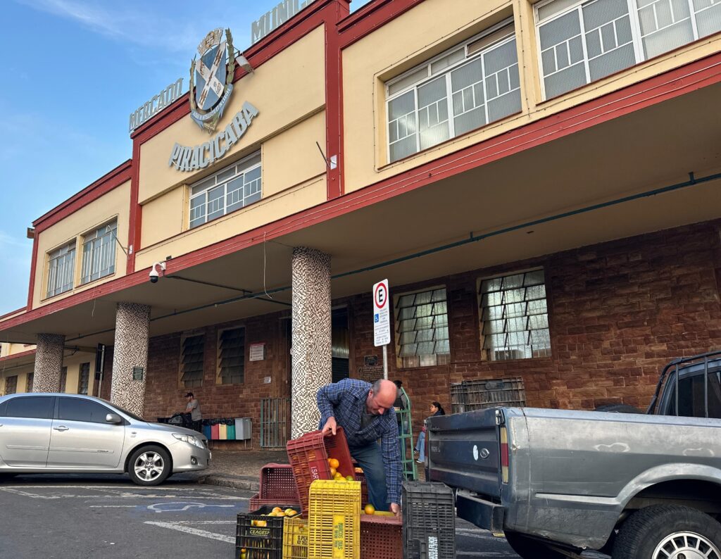 A imagem mostra uma cena ao ar livre em frente a um mercado chamado "Mercado Piracicaba", que está escrito na fachada do edifício amarelo com detalhes em vermelho. Em primeiro plano, há um homem vestido com uma camisa azul xadrez e calça jeans, que está organizando caixas plásticas amarelas cheias de laranjas. Ele parece estar colocando ou retirando frutas das caixas. Ao redor dele, há várias caixas plásticas empilhadas, algumas com laranjas e outras vazias. Do lado esquerdo da imagem, está estacionado um carro prata, um Toyota Corolla, e à direita é possível ver a traseira de uma caminhonete cinza. No chão, próximo ao homem, há várias caixas com etiquetas e inscrições, como "CEAGESP", "S.PER", "Marcos Dias", entre outras. Ao fundo, a fachada do mercado tem grandes janelas com venezianas, e um letreiro escrito "Mercado Piracicaba". Também há uma placa de estacionamento reservado para pessoas com deficiência perto da entrada. A cena transmite a atmosfera de um mercado ou ponto de distribuição de frutas, com uma iluminação natural que sugere ser durante o dia. O homem está concentrado em seu trabalho, e o ambiente parece organizado e movimentado.