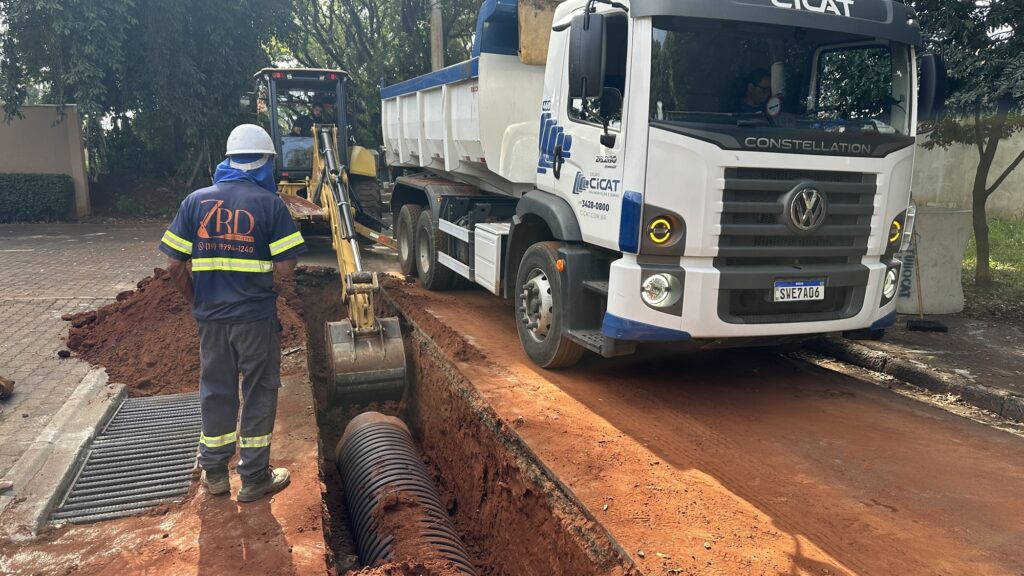 A imagem mostra uma cena de obra em andamento, com foco em máquinas pesadas e um trabalhador. No centro, um trabalhador vestido com uniforme azul escuro com faixas refletivas amarelas e um capacete branco está de costas, observando uma vala aberta no chão. Na vala, há uma grande tubulação preta corrugada exposta. À direita do trabalhador, há um caminhão branco da marca Volkswagen, modelo Constellation, com a inscrição "CICAT PAVIMENTAÇÃO E OBRAS" e um número de telefone (3428-0800) estampados na lateral. O caminhão também exibe a placa "SWE7A06". Ao fundo, à esquerda, é possível ver uma retroescavadeira amarela em operação, com a pá próxima à vala. O solo é de terra avermelhada, típica de locais de escavação. Ao fundo, há árvores e vegetação, indicando que a obra acontece em uma área ao ar livre, possivelmente em um bairro ou região semi-rural. O ambiente está iluminado pela luz do dia, com sombras suaves. No uniforme do trabalhador, está escrito "RD CONSTRUÇÕES" com um telefone de contato (19) 99994-1240. A cena transmite a ideia de um trabalho de instalação ou manutenção de tubulação, com equipamentos e profissionais atuando juntos para realizar a obra.