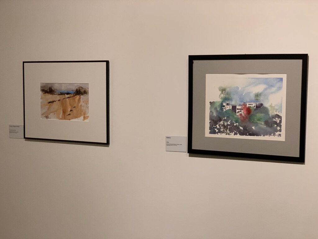 A imagem mostra duas pinturas em aquarela, ambas emolduradas e penduradas em uma parede branca, provavelmente em uma galeria de arte. A pintura à esquerda é menor e retrata uma paisagem natural com tons terrosos, como marrons e ocres, e um corpo d'água ao fundo. A cena sugere um terreno seco e acidentado, com algumas árvores ao longe, sob um céu claro. A moldura é escura e simples, destacando a delicadeza da aquarela. A pintura à direita é maior e apresenta uma composição mais abstrata e colorida, com predominância de azuis, verdes e toques de vermelho. A obra parece mostrar uma aldeia ou um conjunto de construções cercadas por vegetação, sob um céu nublado. Os traços são fluidos e as cores se misturam de maneira harmônica, conferindo um aspecto vibrante e expressivo à cena. Também está emoldurada em moldura escura. Abaixo de cada pintura há uma pequena etiqueta com informações. A da esquerda tem o texto "Corpo Olipa N.", enquanto a da direita traz o título "Aldea", seguido de "Figur" e o nome do artista "Fernando Beltran, 2000". A iluminação é suave, típica de ambientes de exposição, realçando as cores e detalhes das obras sem causar reflexos ou sombras fortes. A disposição das pinturas é horizontal, com a menor à esquerda e a maior à direita, pendurada um pouco mais abaixo. No geral, a imagem transmite um ambiente calmo e contemplativo, ideal para apreciar as nuances e técnicas das aquarelas expostas.