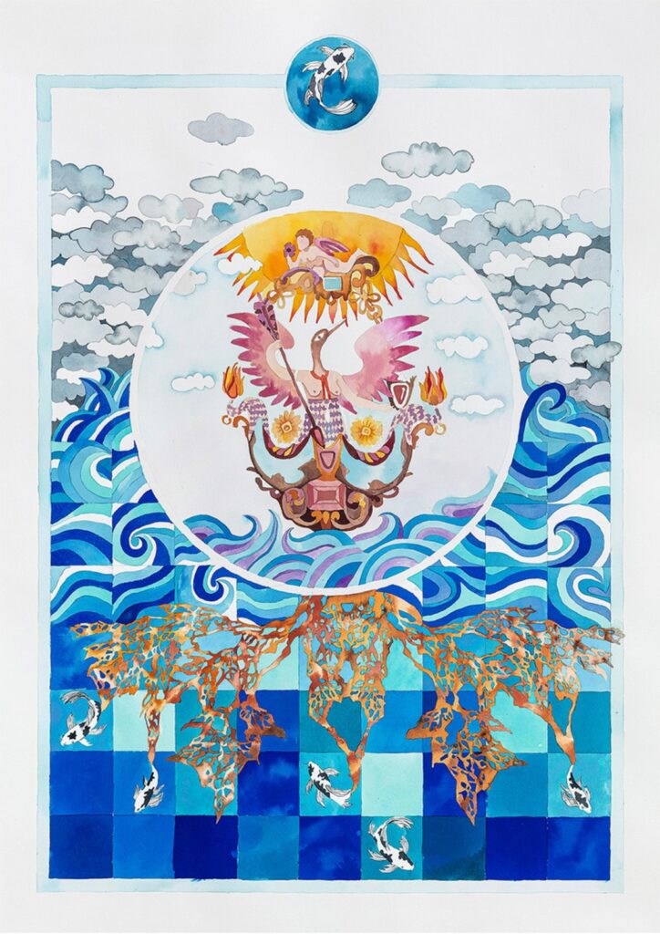 A imagem é uma pintura em aquarela com uma composição vertical que mistura elementos fantásticos, mitológicos e naturais. No topo, há um pequeno círculo azul com um peixe koi preto e branco nadando, simbolizando talvez sorte e perseverança. Abaixo, uma faixa de nuvens estilizadas em tons de cinza e branco se estende horizontalmente. No centro da obra destaca-se um grande círculo que lembra um sol estilizado com raios amarelos e laranjas. Dentro dele, há uma figura semelhante a um pássaro rosa com asas abertas, segurando um cetro, ladeado por tochas flamejantes e detalhes ornamentais em roxo e dourado. Essa figura parece uma entidade mitológica ou símbolo de poder. Logo abaixo, pequenas flores amarelas adicionam delicadeza. Abaixo do círculo central, há águas onduladas em tons de azul e turquesa, com detalhes em roxo que dão movimento à cena. Embaixo da água, um padrão quadriculado azul escuro e claro aparece, de onde emerge uma estrutura ramificada em tons de laranja e marrom, lembrando corais ou raízes, com um aspecto delicado e rendado. Vários peixes koi preto e branco nadam entre as ondas e a estrutura laranja, reforçando a ideia de vida e fluidez. A paleta de cores é rica, com predominância de azuis, laranjas, rosas e amarelos, e o uso da aquarela confere suavidade e mescla de tons. No geral, a pintura transmite uma sensação de fantasia onírica, explorando temas como equilíbrio, transformação e a conexão entre diferentes planos da existência — céu, água e um mundo subterrâneo ou espiritual.