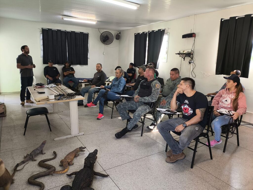 A imagem mostra uma sala de aula ou reunião onde um grupo de pessoas está assistindo a uma apresentação. Um homem está em pé à frente, gesticulando como se estivesse explicando algo. Na frente dele, há uma mesa com vários cabos e equipamentos. As pessoas estão sentadas em cadeiras, olhando para o apresentador ou para seus papéis no colo. A sala é simples, com paredes brancas, teto com luminárias fluorescentes, cortinas pretas nas janelas e um ventilador na parede. No chão, em primeiro plano, há réplicas realistas de répteis, como lagartos e um jacaré, que parecem ser materiais usados na apresentação. O ambiente está bem iluminado por luz artificial e as cores predominantes são neutras, como branco, cinza e preto, com roupas escuras dos presentes. A perspectiva da foto é levemente elevada, mostrando o cenário geral da sala. Algumas pessoas usam roupas casuais, e uma delas está com um colete tático, o que pode indicar que o tema da apresentação está relacionado a segurança, vida selvagem ou treinamento específico. A presença dos répteis sugere que o assunto abordado seja sobre esses animais, seu comportamento ou manejo. A disposição dos elementos é clara: o apresentador à frente, o público em fileiras e os objetos no chão na frente deles.