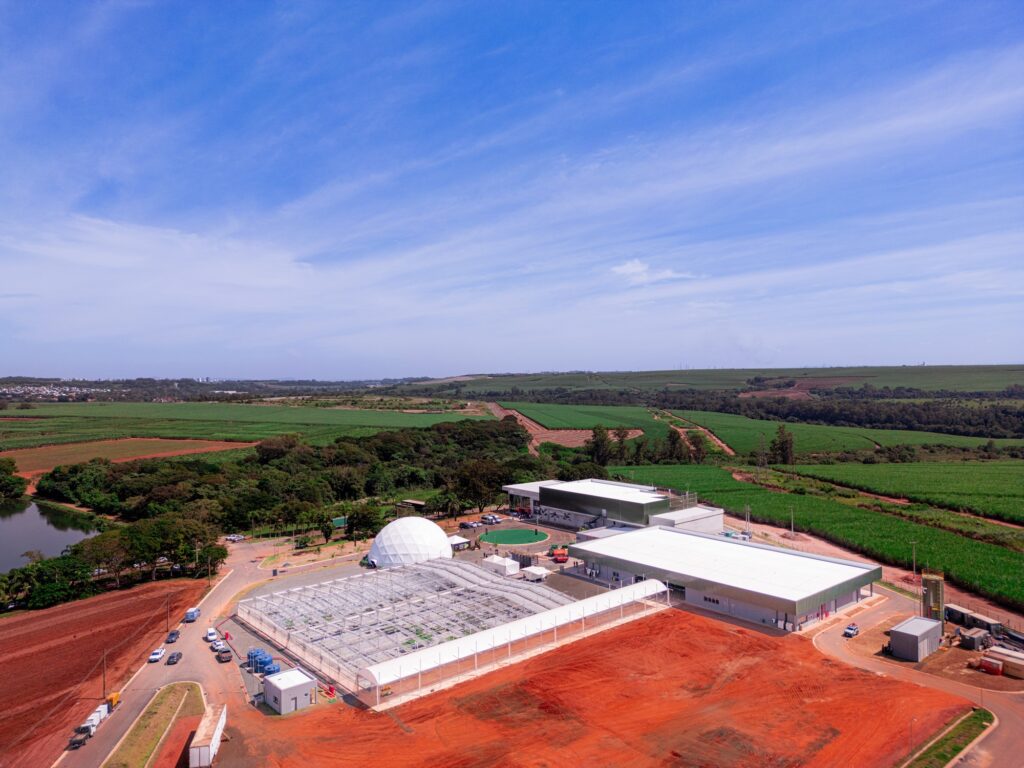 A imagem mostra uma vista aérea de uma instalação agrícola moderna localizada em uma área rural. No centro da imagem, há um complexo de construções que inclui uma estufa grande com teto transparente e estrutura metálica, além de uma grande cúpula geodésica branca. Ao lado, estão vários prédios retangulares com telhados brancos e paredes claras, sendo que um deles tem uma fachada verde com algum tipo de logotipo ou desenho. Em primeiro plano, destaca-se uma área de terra vermelha, provavelmente solo arado ou em preparação para plantio ou construção. Ao redor das construções, há veículos como carros, caminhões e um pequeno trator, indicando atividade no local. O cenário ao redor é composto por extensos campos verdes, possivelmente plantações de cana-de-açúcar, e vegetação arbórea. À esquerda, há um corpo d’água e, ao fundo, é possível ver uma linha do horizonte com uma pequena cidade ou área urbana distante. O céu está azul com algumas nuvens brancas, e a iluminação é intensa, sugerindo um dia ensolarado. A imagem destaca o contraste entre as estruturas modernas e o ambiente natural, mostrando uma integração entre tecnologia agrícola e o campo.
