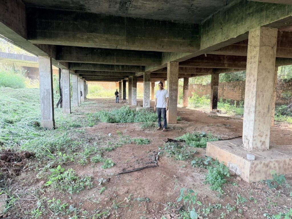 A imagem mostra uma cena ao ar livre sob uma estrutura de concreto, provavelmente um viaduto ou ponte, sustentada por vários pilares de concreto. O chão está coberto por terra e vegetação espalhada, com algumas áreas aparentemente recentemente limpas. No primeiro plano e no meio da imagem, há montes de vegetação cortada, de cor verde. No centro da imagem, um homem está em pé, olhando para a câmera. Ele veste uma camisa polo branca e calças escuras, com uma postura relaxada, parecendo posar para a foto. Mais ao fundo, outra pessoa é vista caminhando para longe da câmera, também sob a estrutura. Os pilares e a laje de concreto apresentam uma textura áspera e inacabada. Ao fundo, é possível ver árvores e uma construção de tijolos que está em estado de abandono, com grafites em suas paredes. A imagem transmite uma sensação de descuido e abandono, com evidências de que a área está passando por algum tipo de limpeza ou manutenção. As cores predominantes são os tons de cinza do concreto, marrom da terra e verde da vegetação. A composição destaca a grandeza da estrutura de concreto em relação às pessoas presentes.