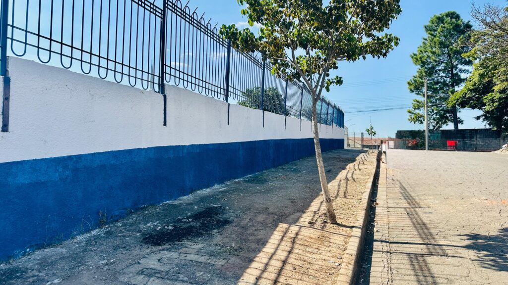 A imagem mostra uma cena urbana durante o dia, com um muro branco e azul que se estende diagonalmente da esquerda para a direita. No topo do muro há uma cerca de metal preta. Em frente ao muro, há uma árvore com folhas verdes esparsas, que projeta uma sombra no chão. O chão próximo ao muro é de terra, enquanto ao lado direito há uma rua pavimentada com um padrão de tijolos. Ao fundo, é possível ver outras árvores, postes de energia elétrica e algumas construções, incluindo uma com uma placa vermelha. O céu está claro e azul, indicando um dia ensolarado, e a luz do sol cria sombras nítidas na cena. Não há pessoas visíveis na imagem. A perspectiva é ao nível do chão, olhando levemente para cima, o que destaca o muro e a cerca.