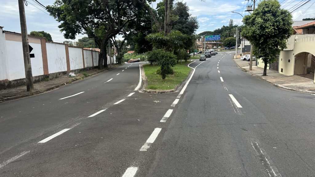 A imagem mostra uma estrada asfaltada que se divide em duas pistas, separadas por um canteiro central com grama. Ao longo da estrada, há árvores altas e verdes que proporcionam sombra, e do lado esquerdo há um muro branco com algumas pichações. No fundo, é possível ver casas e mais vegetação, além de um céu claro com algumas nuvens. Vários veículos, incluindo carros e um caminhão, estão trafegando pela estrada. Também há uma placa azul com letras brancas indicando direções para locais como "W. Luis", "Pq. Automotivo", "Restaurante", "Rod. Anhanguera", "São Paulo", "Bandecotes" e "Rio Açúcar". A cena aparenta ser em um ambiente suburbano ou semiurbano durante o dia, com boa iluminação natural.