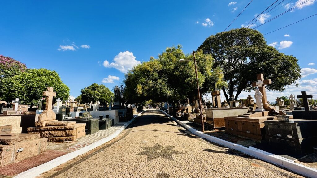 A imagem mostra um caminho pavimentado em um cemitério, com pedras claras formando um mosaico, destacando uma estrela de oito pontas no centro do caminho. De ambos os lados, há túmulos, mausoléus e cruzes de diferentes tamanhos e estilos. Árvores altas com folhagem verde criam uma espécie de túnel natural, projetando sombras e dando um ar de tranquilidade ao local. O céu está azul com algumas nuvens brancas, e a luz do sol ilumina toda a cena, realçando as texturas das pedras e das árvores. Ao fundo, é possível ver algumas pessoas em silhueta e mais túmulos, transmitindo uma atmosfera serena e contemplativa.