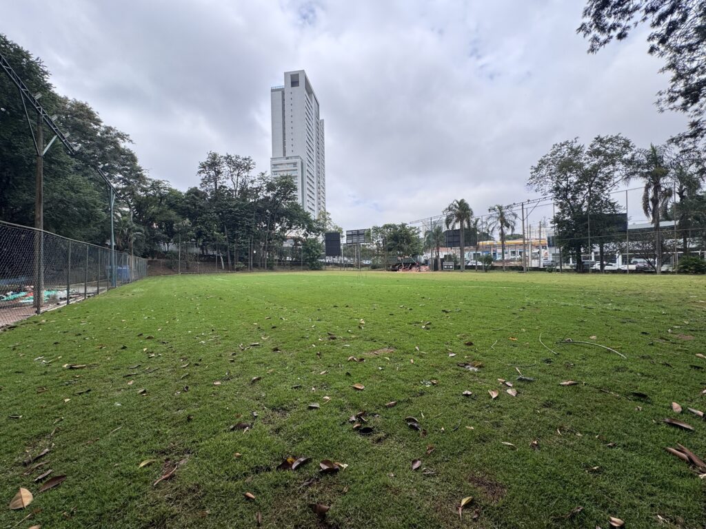 A imagem mostra um campo gramado amplo, cercado por uma cerca de arame à esquerda e parcialmente à direita. O gramado está coberto por algumas folhas secas espalhadas, sugerindo que seja outono ou uma estação de transição. Ao fundo, destaca-se um prédio alto e moderno, de cor branca, que se sobressai na paisagem urbana. Em volta do campo, há várias árvores grandes, que parecem estar sem muitas folhas, reforçando a ideia de uma estação mais fria ou de queda de folhas. O céu está nublado, com nuvens cinzentas que criam uma iluminação suave e difusa, sem sombras fortes. Não há pessoas na cena, o que transmite uma sensação de tranquilidade e silêncio. No lado direito, é possível ver algumas estruturas que parecem ser redes ou suportes, possivelmente para prática esportiva. A perspectiva da foto é ao nível do chão, olhando em direção ao prédio ao fundo.