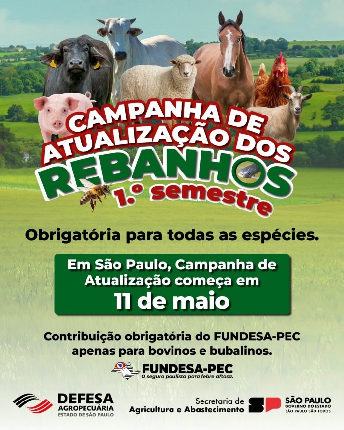 A imagem é um cartaz informativo do governo do estado de São Paulo sobre a "Campanha de Atualização dos Rebanhos" referente ao primeiro semestre do ano. No centro, em destaque, está o título da campanha escrito em letras grandes e coloridas, com a frase "Obrigatória para todas as espécies". Na parte superior, há diversas imagens de animais de criação, incluindo um búfalo, uma vaca, uma ovelha, um cavalo, uma galinha, uma cabra, um porco e uma abelha, representando as diferentes espécies envolvidas na campanha. Há também um destaque em verde com a informação de que a campanha começa no dia 11 de maio no estado de São Paulo. Logo abaixo, há uma nota sobre a contribuição obrigatória ao FUNDESA-PEC, que é um seguro estadual para febre aftosa, específico para bovinos e bubalinos. Na parte inferior do cartaz, aparecem os logos e nomes da Defesa Agropecuária, da Secretaria de Agricultura e Abastecimento e do Governo do Estado de São Paulo, reforçando o caráter oficial da campanha. O fundo da imagem mostra um cenário rural, com campos verdes, transmitindo a ideia de agricultura e pecuária. O cartaz tem um tom informativo e institucional, voltado para produtores rurais e interessados na atualização do cadastro dos seus rebanhos.